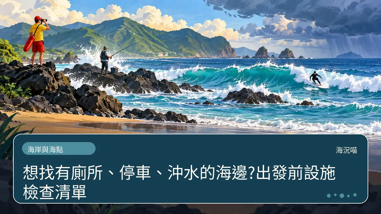 想找有廁所、停車、沖水的海邊?出發前設施檢查清單主題插畫