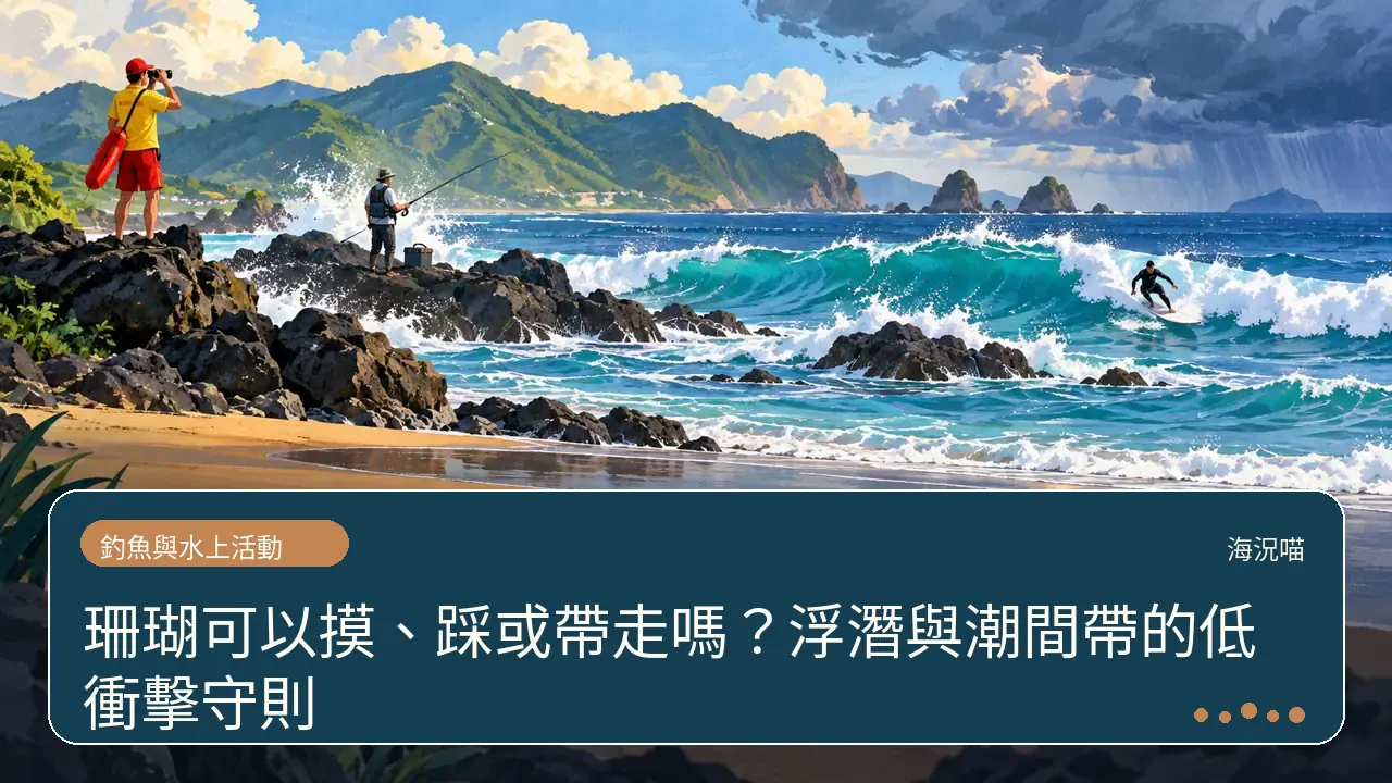 珊瑚可以摸、踩或帶走嗎？浮潛與潮間帶的低衝擊守則主題插畫