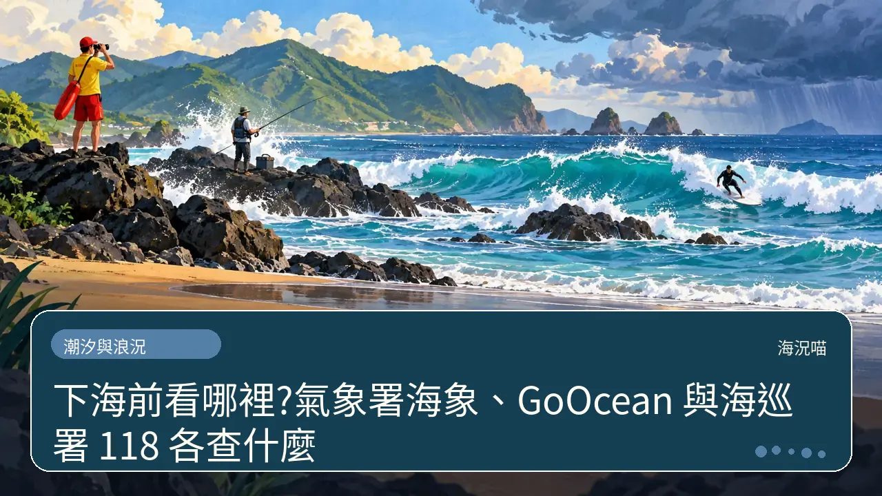 下海前看哪裡?氣象署海象、GoOcean 與海巡署 118 各查什麼主題插畫