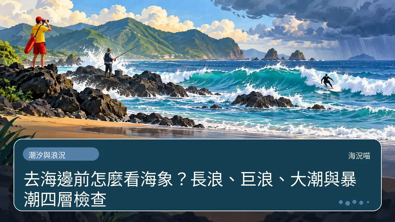 去海邊前怎麼看海象?長浪、巨浪、大潮與暴潮四層檢查主題插畫