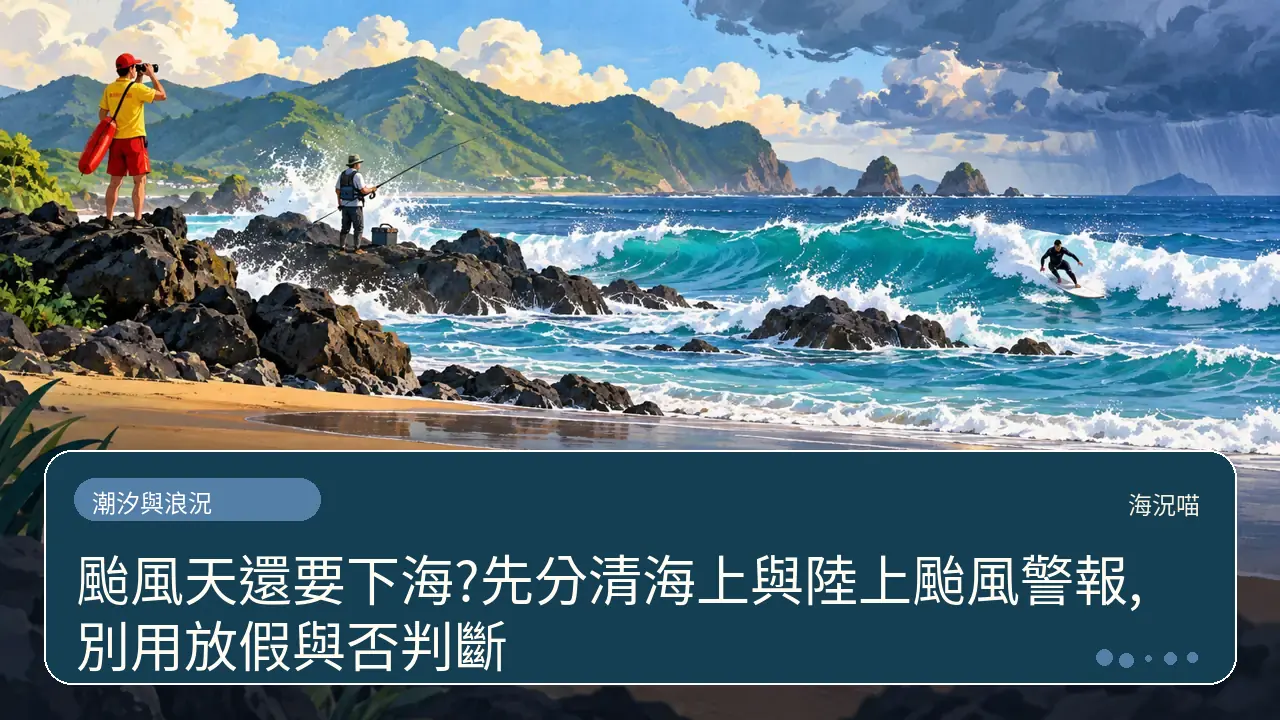 颱風天還要下海?先分清海上與陸上颱風警報,別用放假與否判斷主題插畫