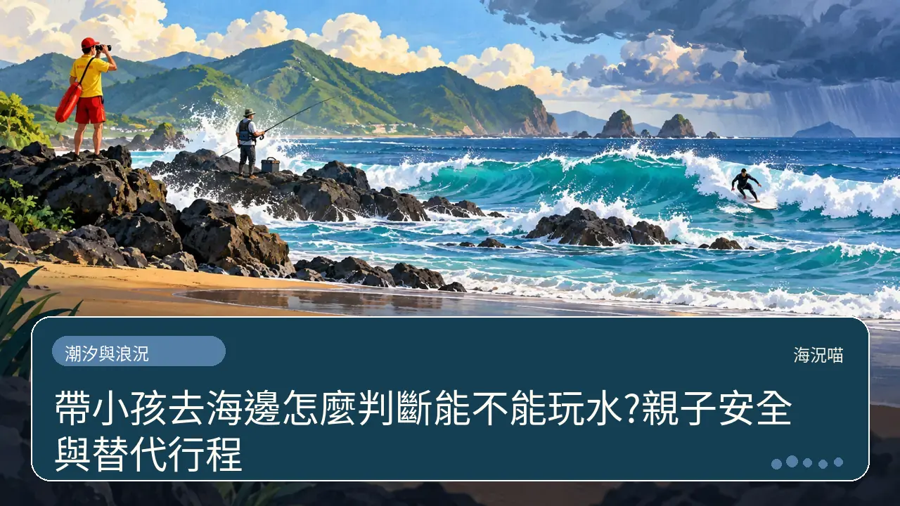 帶小孩去海邊怎麼判斷能不能玩水?親子安全與替代行程主題插畫