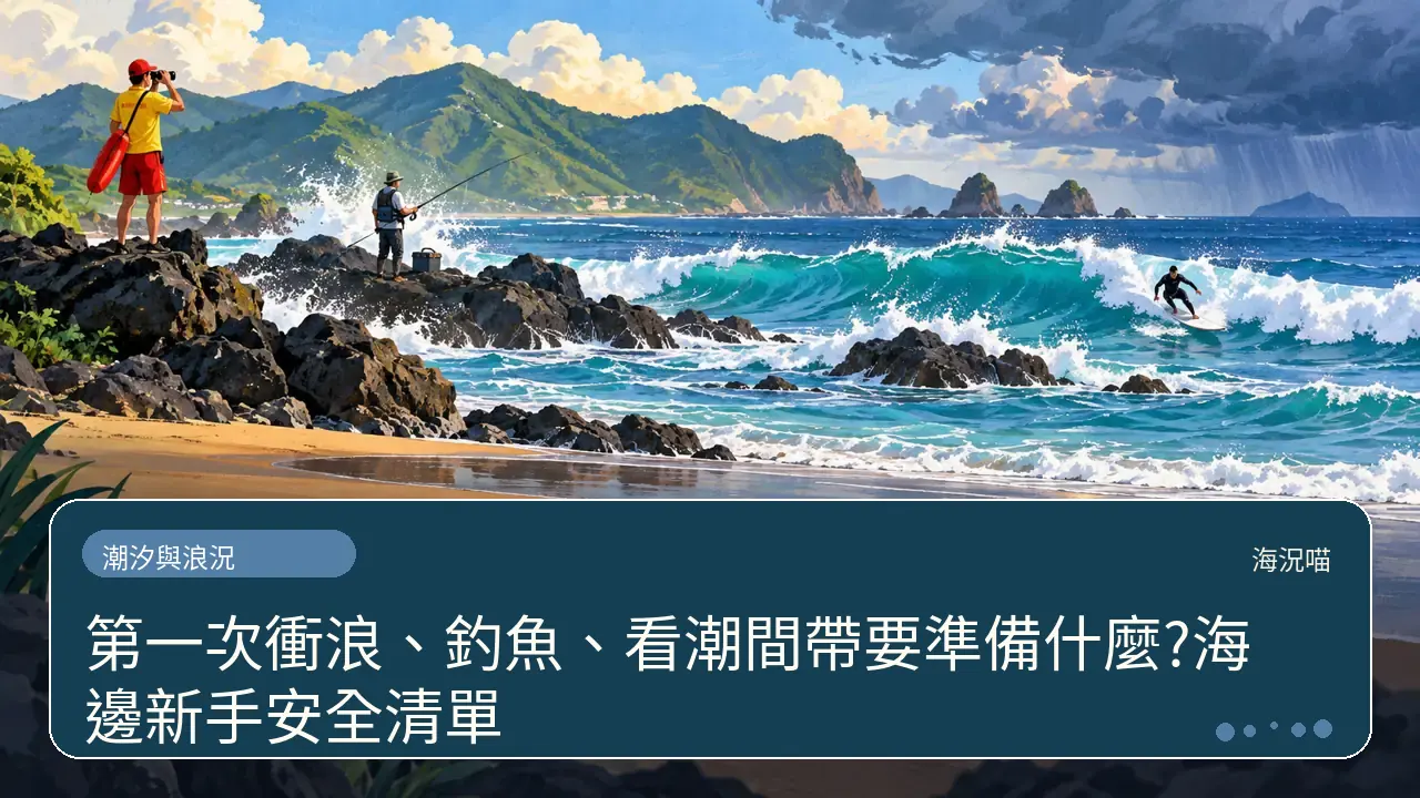 第一次衝浪、釣魚、看潮間帶要準備什麼?海邊新手安全清單主題插畫