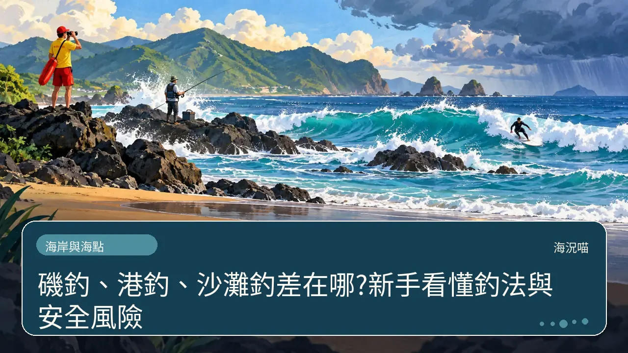 磯釣、港釣、沙灘釣差在哪?新手看懂釣法與安全風險主題插畫