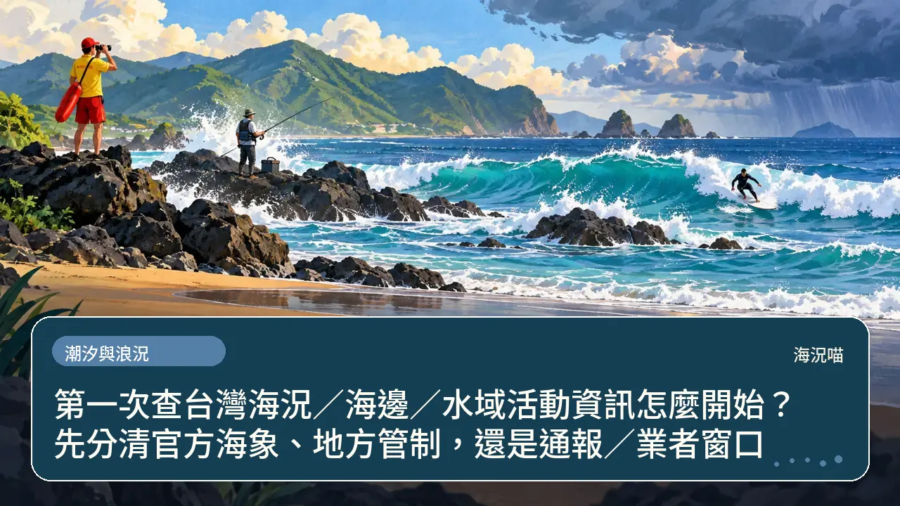 第一次查台灣海況／海邊／水域活動資訊怎麼開始？先分清官方海象、地方管制，還是通報／業者窗口主題插畫