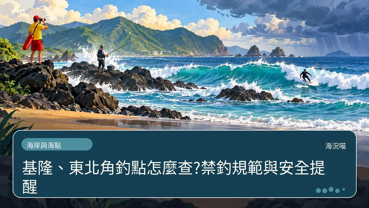 基隆、東北角釣點怎麼查?禁釣規範與安全提醒主題插畫