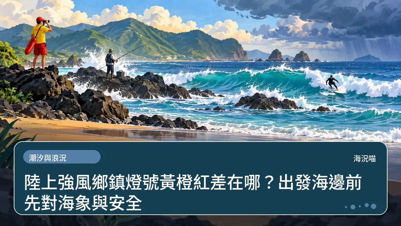 陸上強風鄉鎮燈號黃橙紅差在哪？出發海邊前先對海象與安全主題插畫