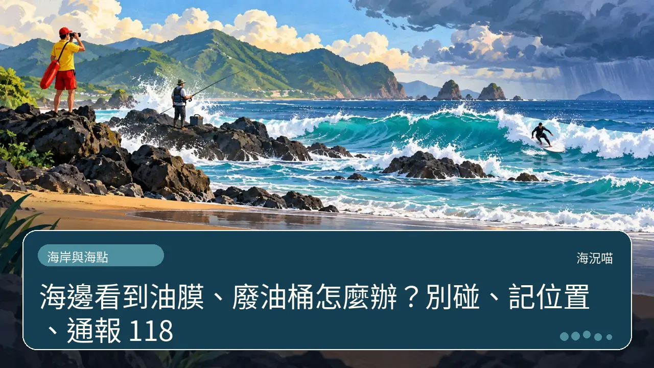 海邊看到油膜、廢油桶怎麼辦?別碰、記位置、通報 118主題插畫