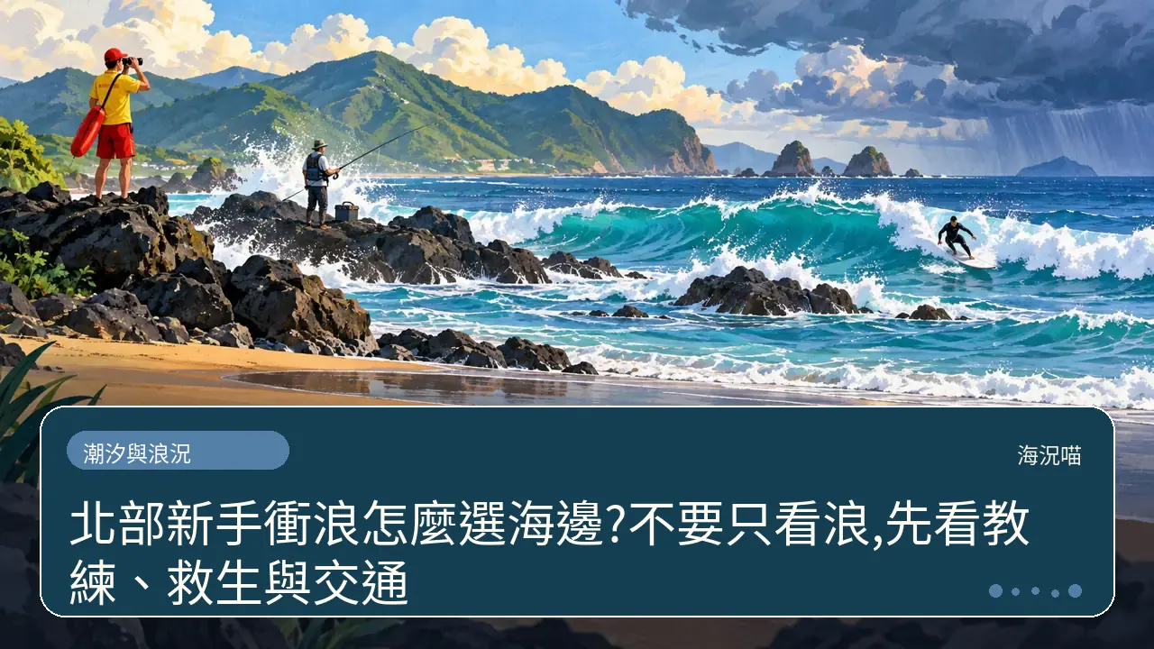 北部新手衝浪怎麼選海邊?不要只看浪,先看教練、救生與交通主題插畫