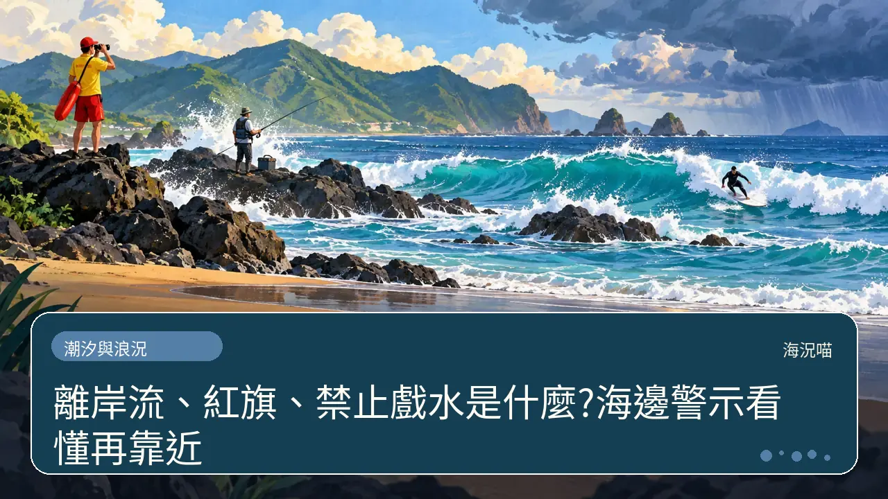 離岸流、紅旗、禁止戲水是什麼?海邊警示看懂再靠近主題插畫