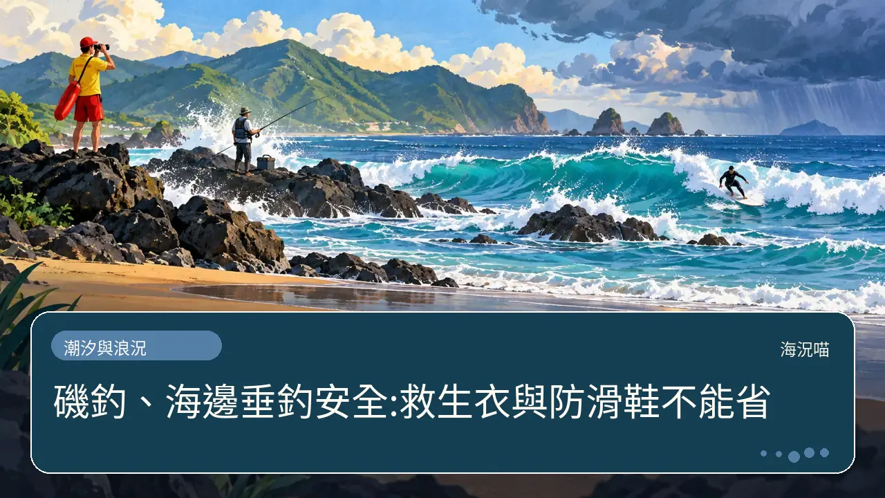 磯釣、海邊垂釣安全:救生衣與防滑鞋不能省主題插畫