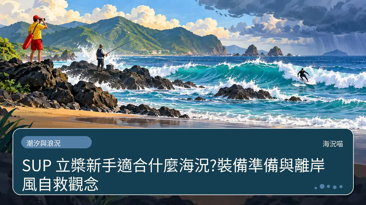 SUP 立槳新手適合什麼海況?裝備準備與離岸風自救觀念主題插畫