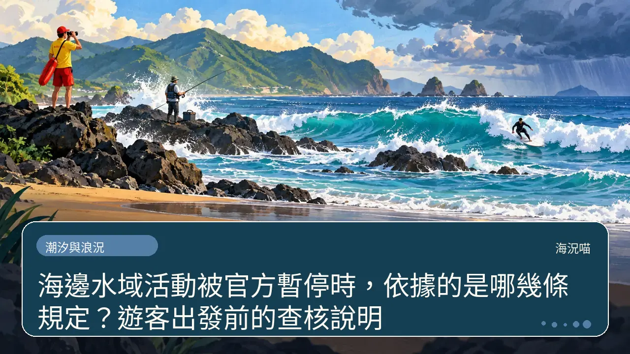海邊水域活動被官方暫停時，依據的是哪幾條規定？遊客出發前的查核說明主題插畫
